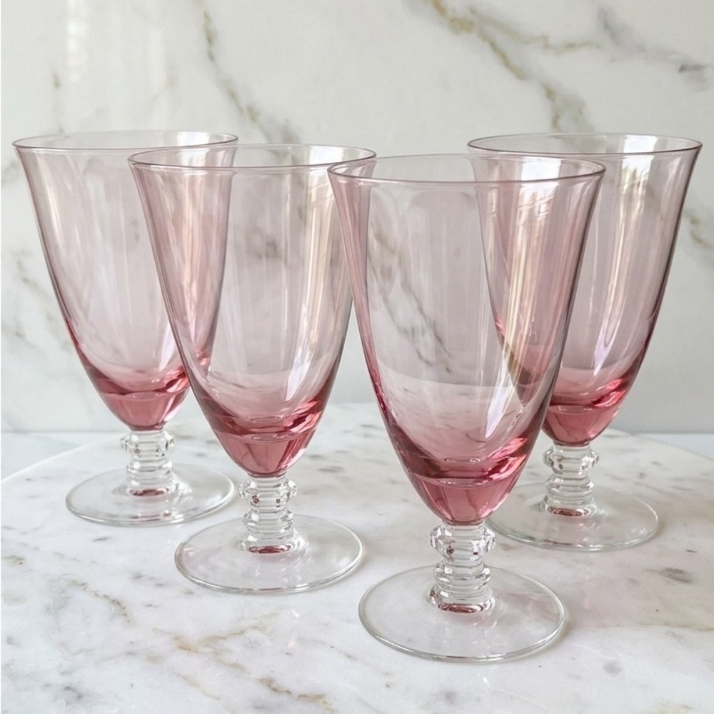 4-VTG Tiffin-Franciscan Wisteria Pink Crystal Ice Tea Glass Goblets #17477 Stem